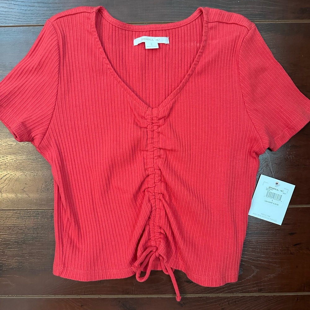 O'Neill Red Crop Ribbed Ruched T-Shirt